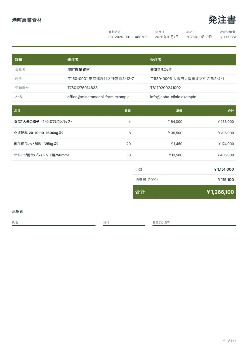 無料の農業資材・飼料の発注書テンプレートの記入例:架空の会社名、品目、数量、単価、合計が入った1ページ目