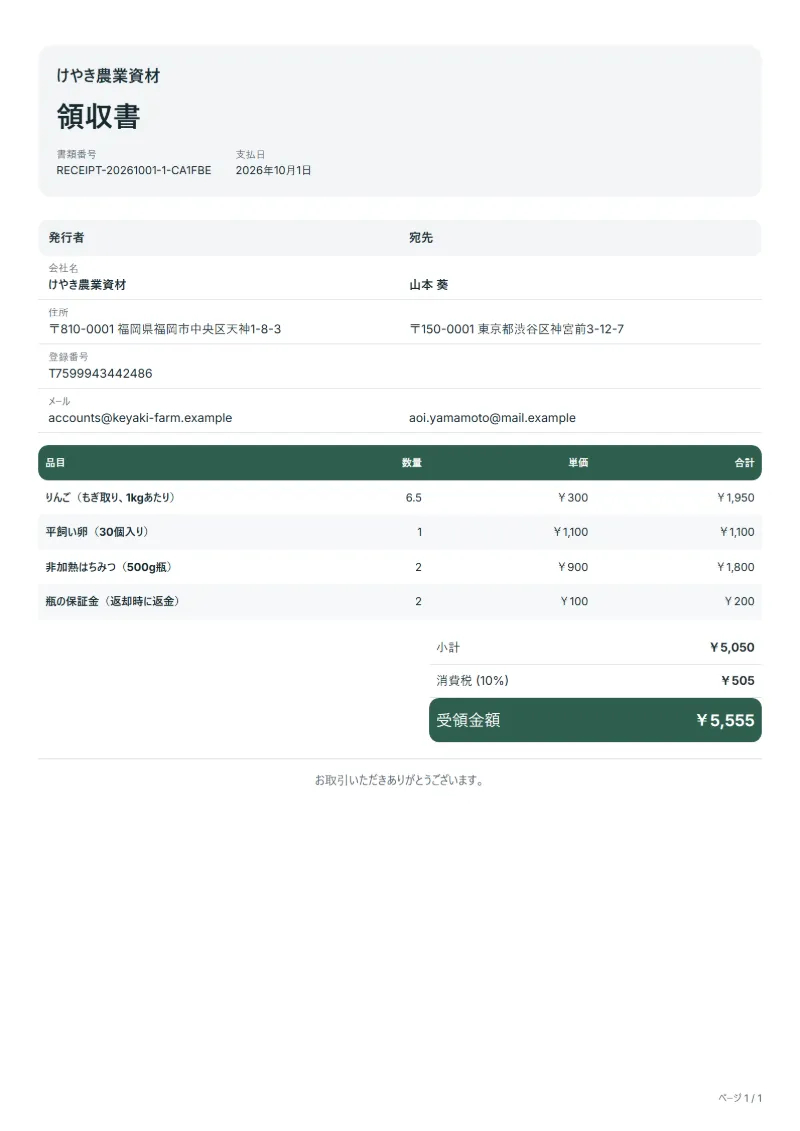 無料の農産物直売の領収書テンプレートの記入例：架空の会社名、品目、数量、単価、合計が入った1ページ目