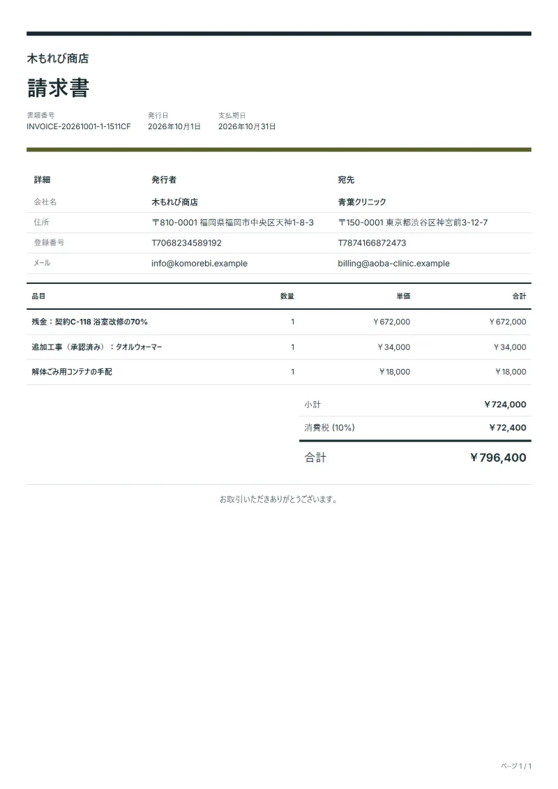 無料の残金請求書テンプレートの記入例：架空の会社名、品目、数量、単価、合計が入った1ページ目