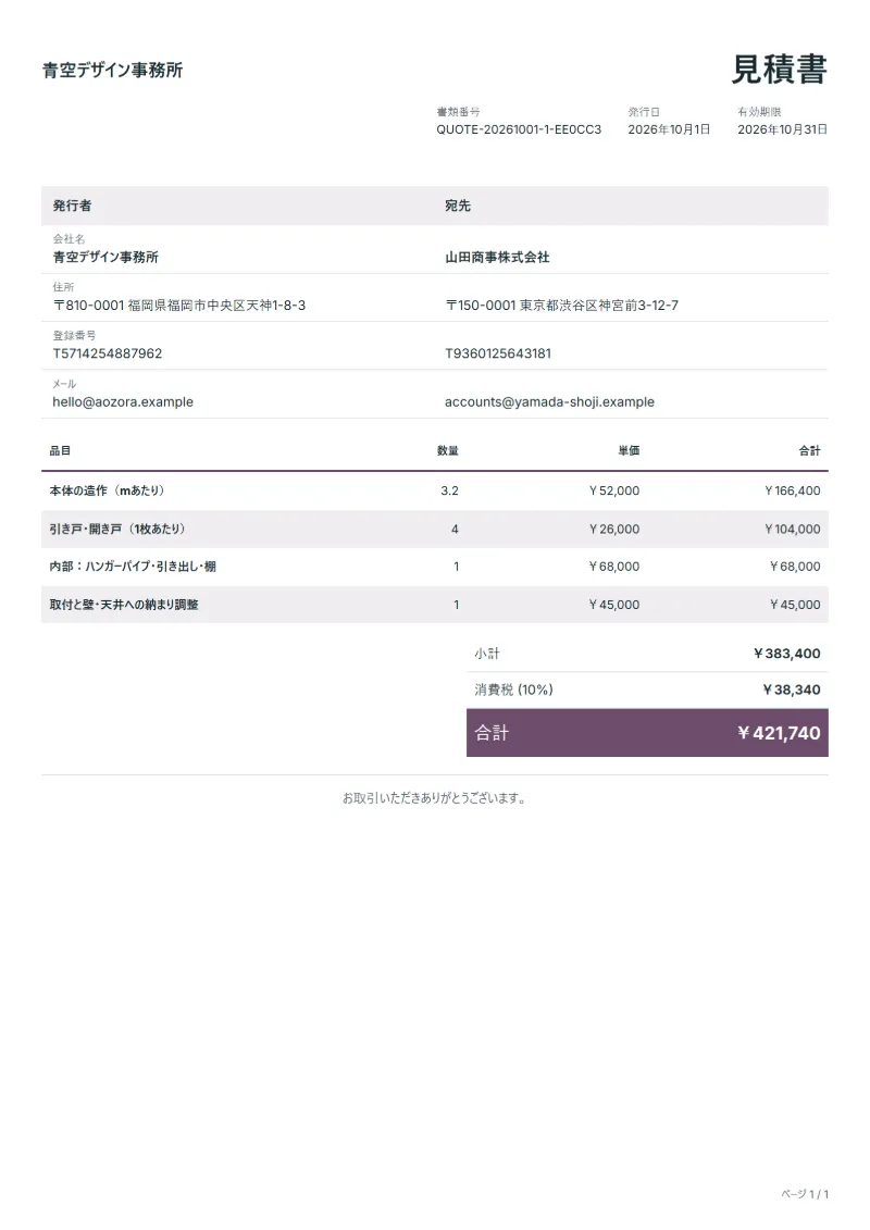 無料の造作クローゼットの見積書テンプレートの記入例：架空の会社名、品目、数量、単価、合計が入った1ページ目