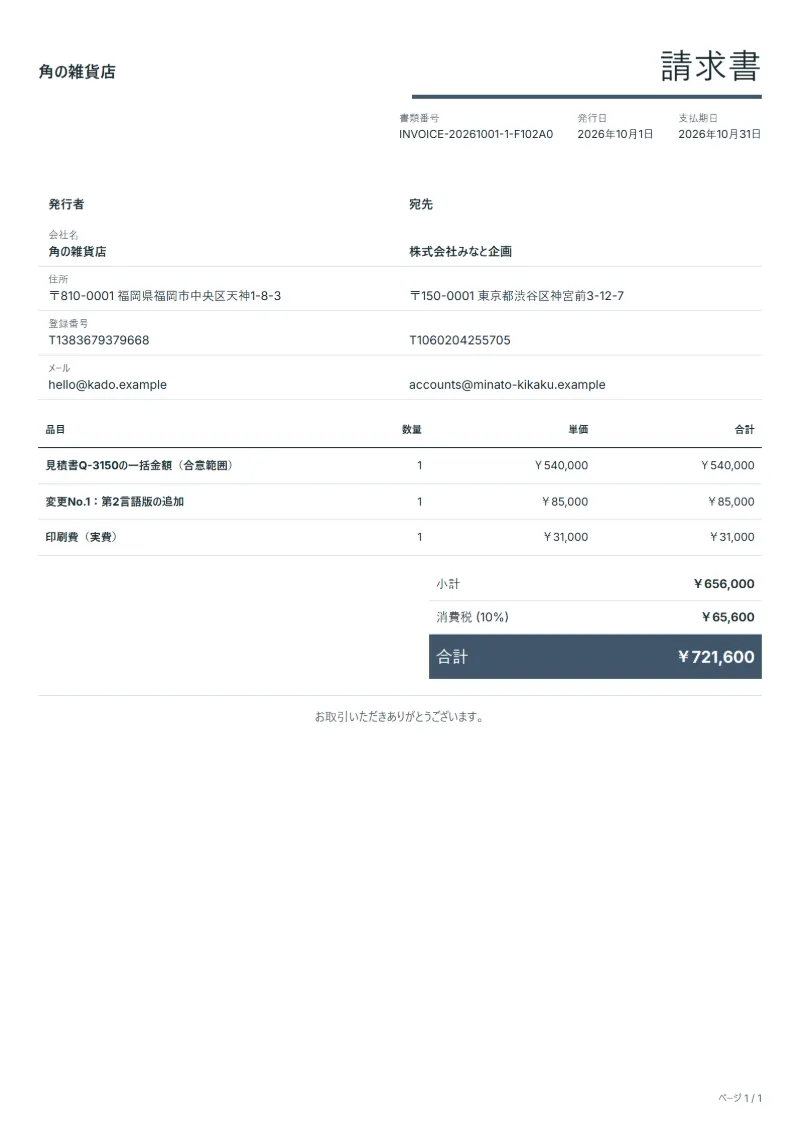 無料の一括請負の請求書テンプレートの記入例:架空の会社名、品目、数量、単価、合計が入った1ページ目