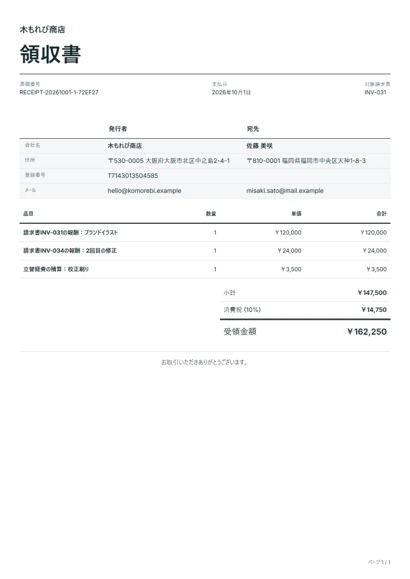 無料のフリーランス報酬の領収書テンプレートの記入例:架空の会社名、品目、数量、単価、合計が入った1ページ目