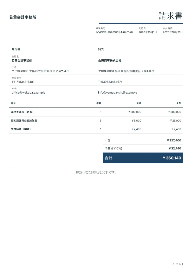 無料の業務委託の請求書テンプレート（フリーランス向け）の記入例：架空の会社名、品目、数量、単価、合計が入った1ページ目