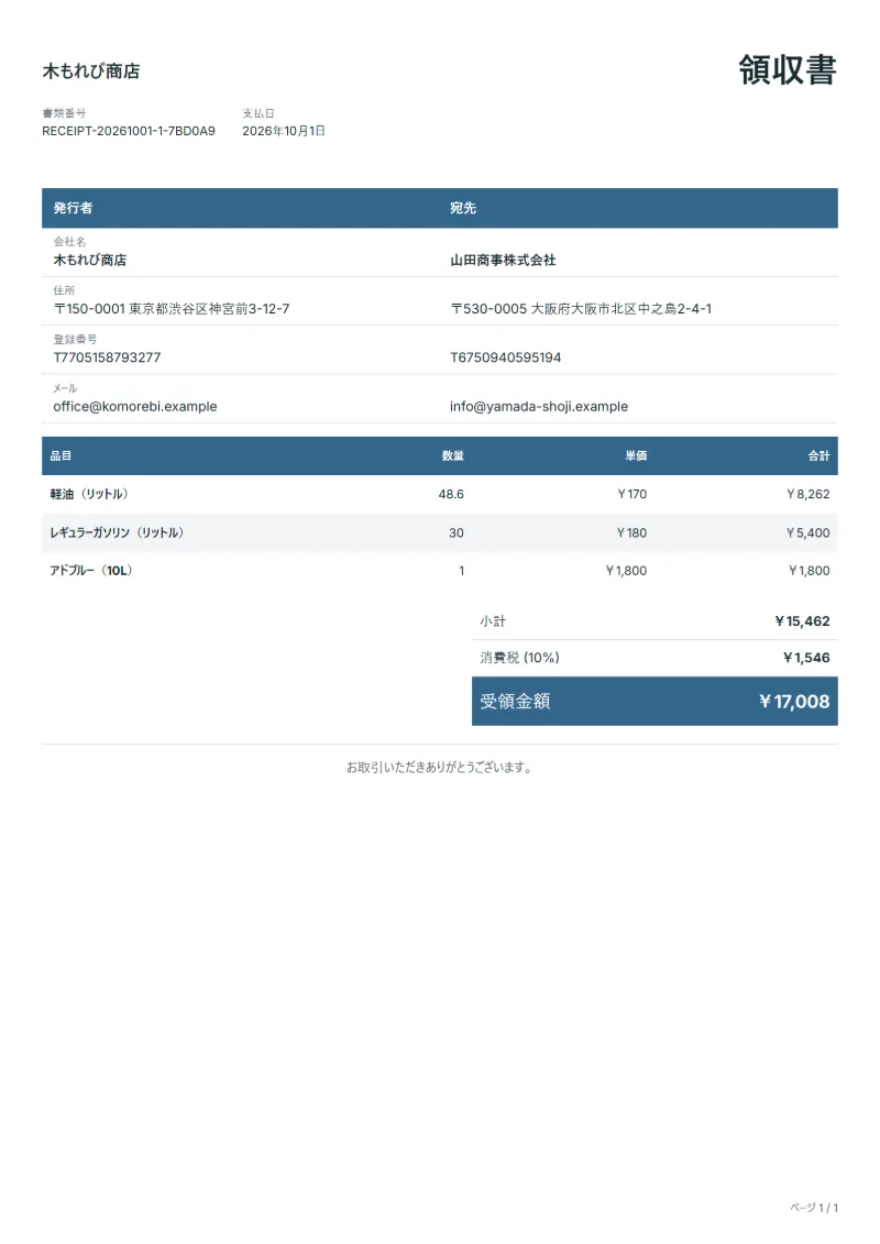 無料の給油の領収書テンプレートの記入例：架空の会社名、品目、数量、単価、合計が入った1ページ目