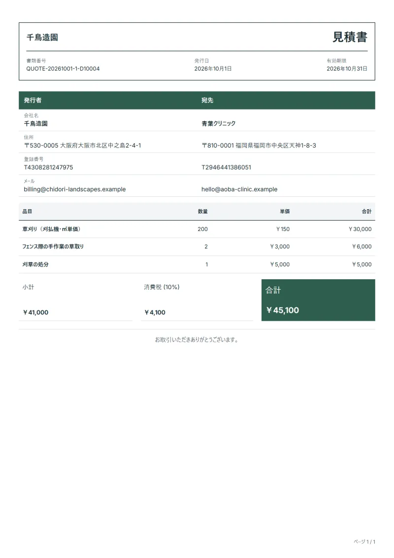 無料の草刈り・除草の見積書テンプレートの記入例：架空の会社名、品目、数量、単価、合計が入った1ページ目
