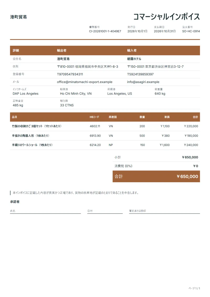 無料の手工芸品輸出用コマーシャルインボイステンプレートの記入例:架空の会社名、HSコードと原産国の欄、単価、合計が入った1ページ目