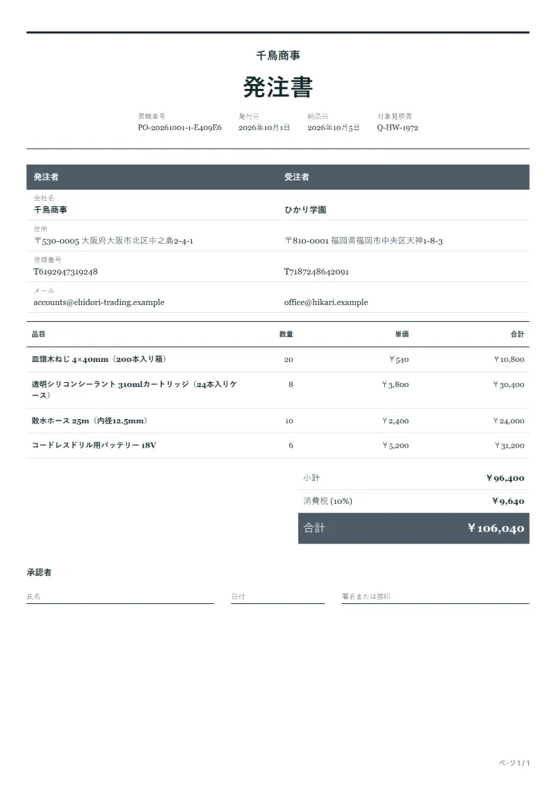 無料の金物店向け商品仕入の発注書テンプレートの記入例：架空の会社名、品目、数量、単価、合計が入った1ページ目