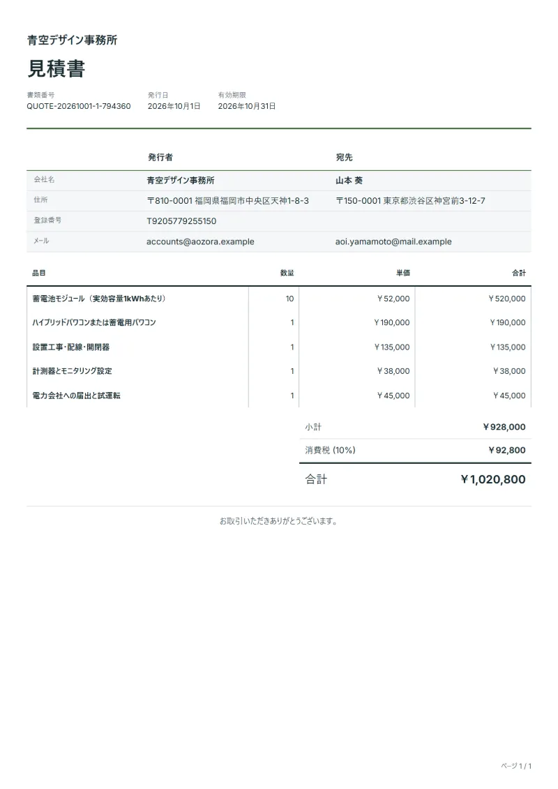 無料の家庭用蓄電池設置見積書テンプレートの記入例:架空の会社名、品目、数量、単価、合計が入った1ページ目