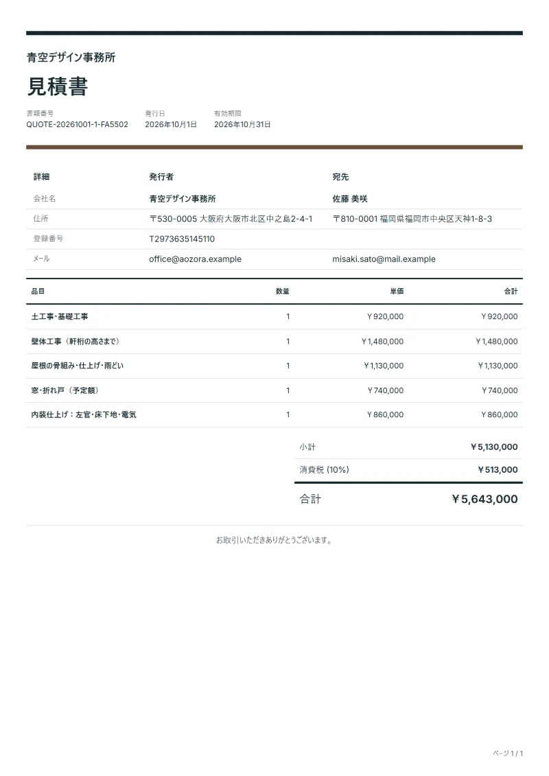 無料の住宅増築工事見積書テンプレートの記入例：架空の会社名、品目、数量、単価、合計が入った1ページ目