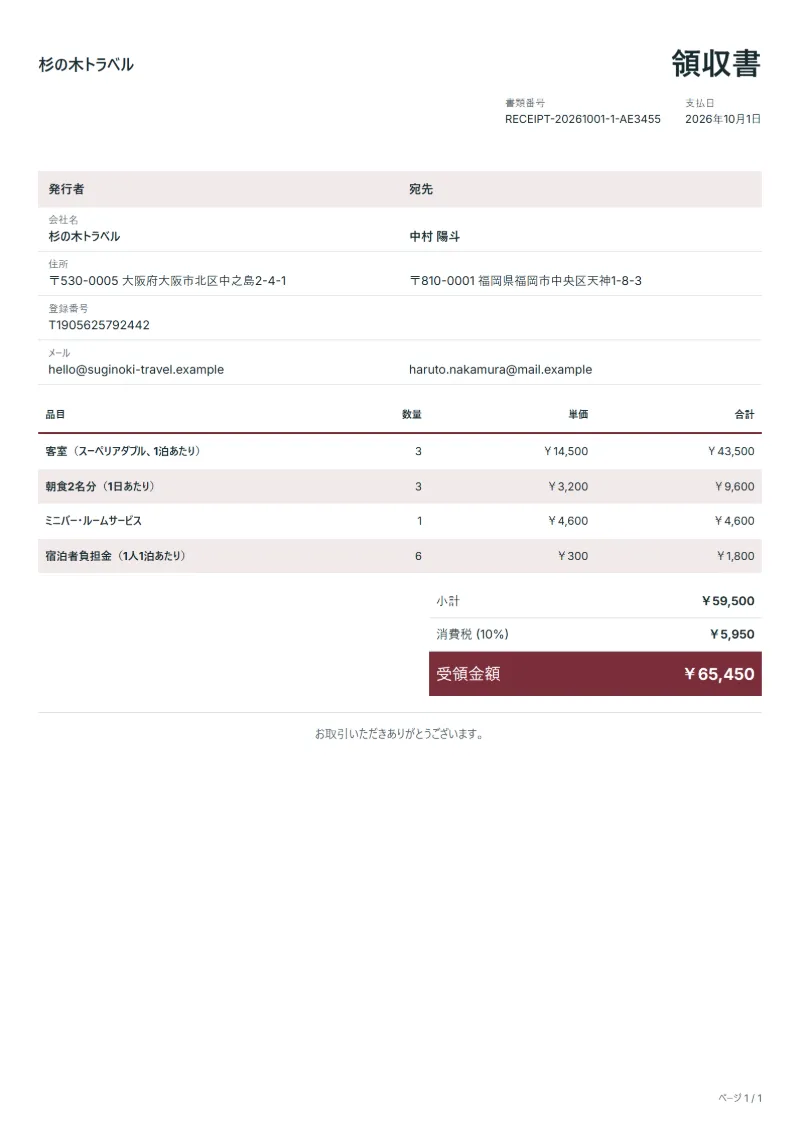 無料のホテルのチェックアウト領収書テンプレートの記入例:架空の会社名、品目、数量、単価、合計が入った1ページ目