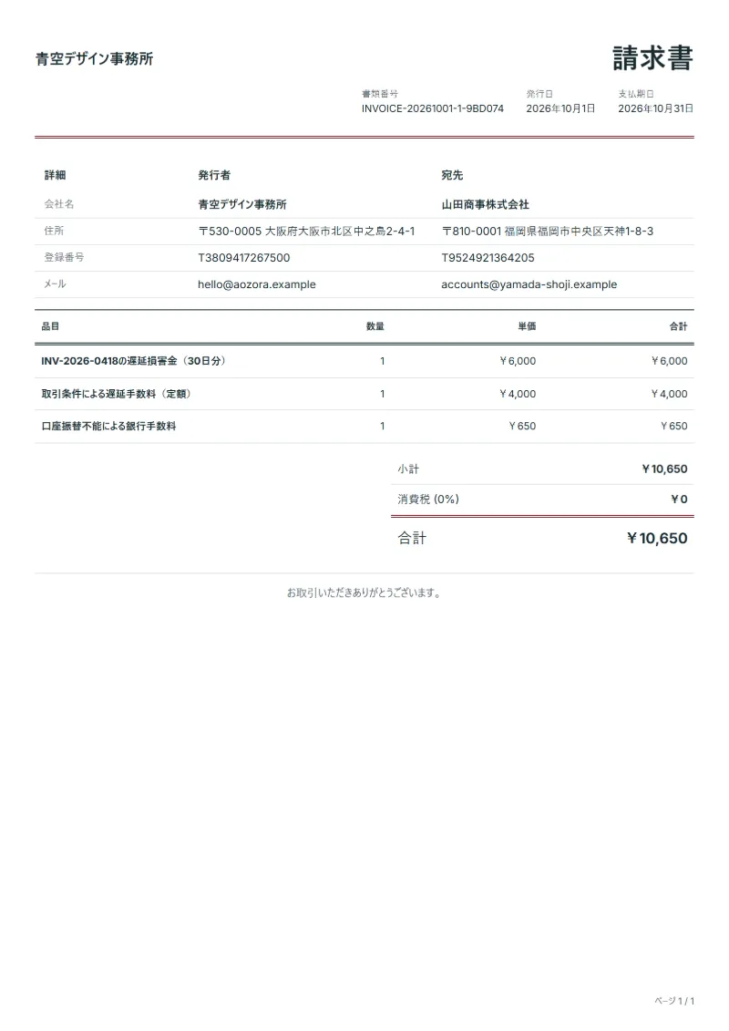 無料の遅延損害金請求書テンプレートの記入例：架空の会社名、品目、数量、単価、合計が入った1ページ目