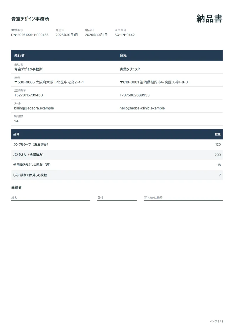 無料のリネンサプライの納品書テンプレートの記入例:架空の会社名、品目、数量、署名欄が入った1ページ目
