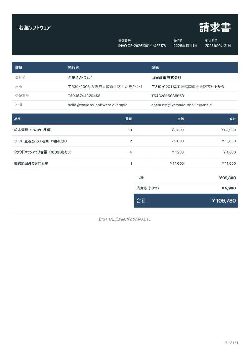 無料のIT運用保守の月額請求書テンプレートの記入例：架空の会社名、品目、数量、単価、合計が入った1ページ目