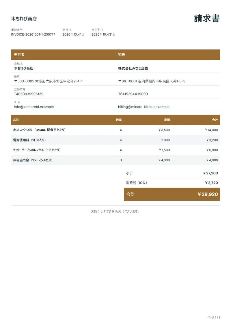 無料のマルシェ出店料の請求書テンプレートの記入例：架空の会社名、品目、数量、単価、合計が入った1ページ目