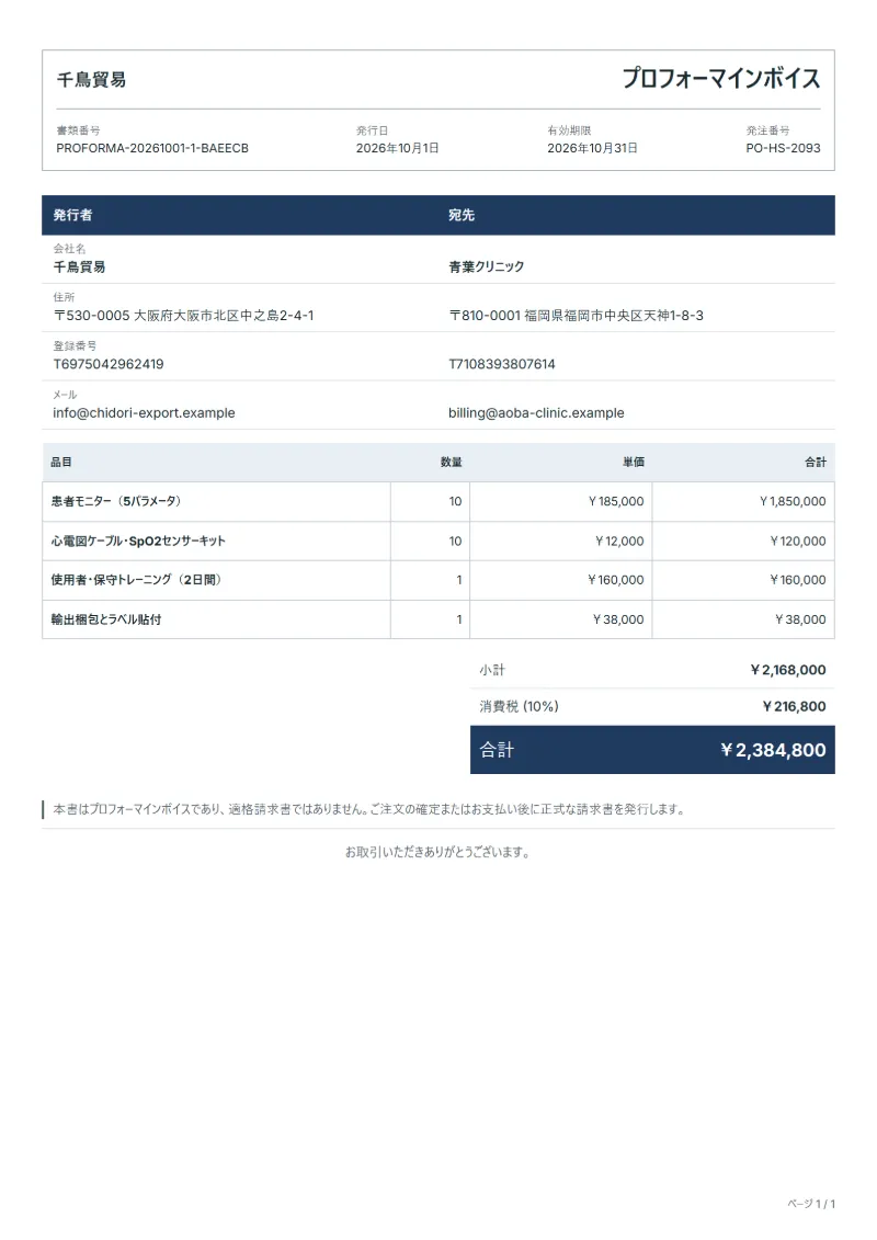 無料の医療機器輸出用プロフォーマインボイステンプレートの記入例:架空の会社名、品目、数量、単価、合計が入った1ページ目
