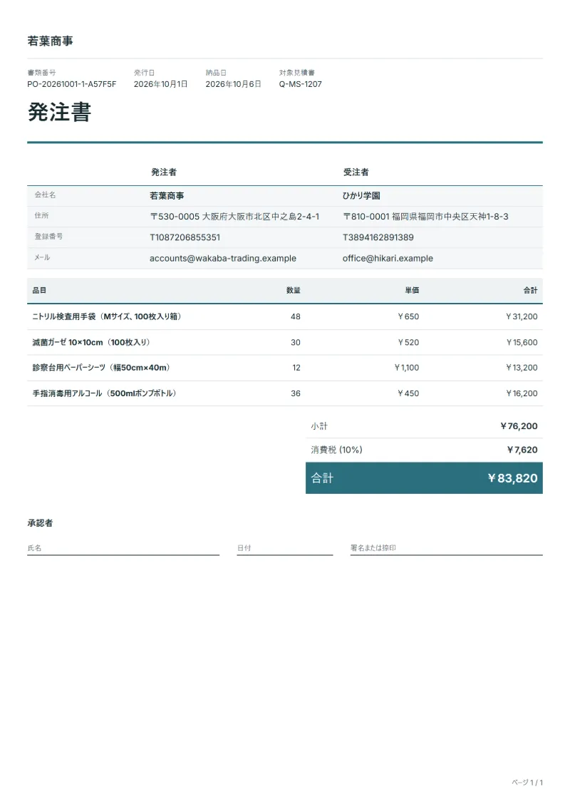 無料の診療所向け医療消耗品の発注書テンプレートの記入例：架空の会社名、品目、数量、単価、合計が入った1ページ目