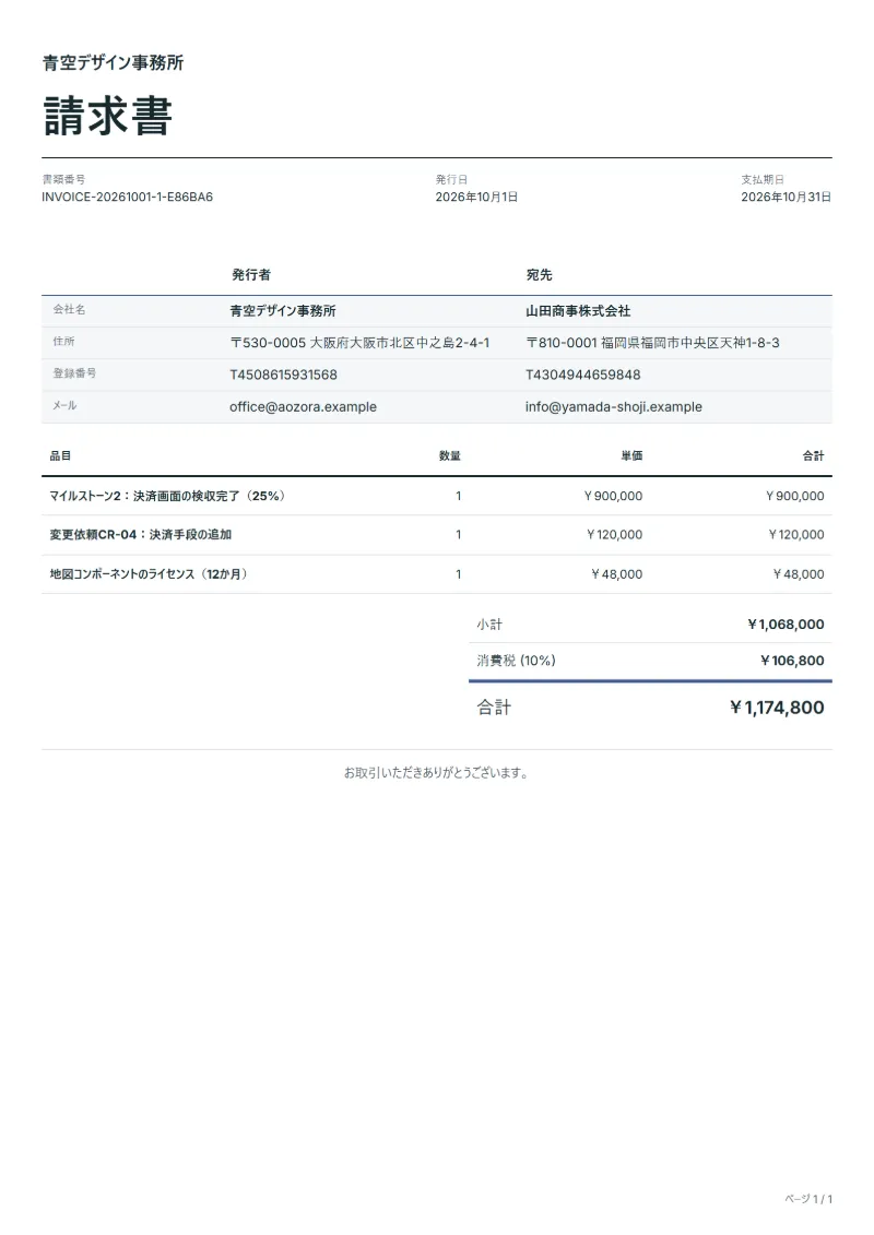 無料のマイルストーン請求書テンプレートの記入例:架空の会社名、品目、数量、単価、合計が入った1ページ目
