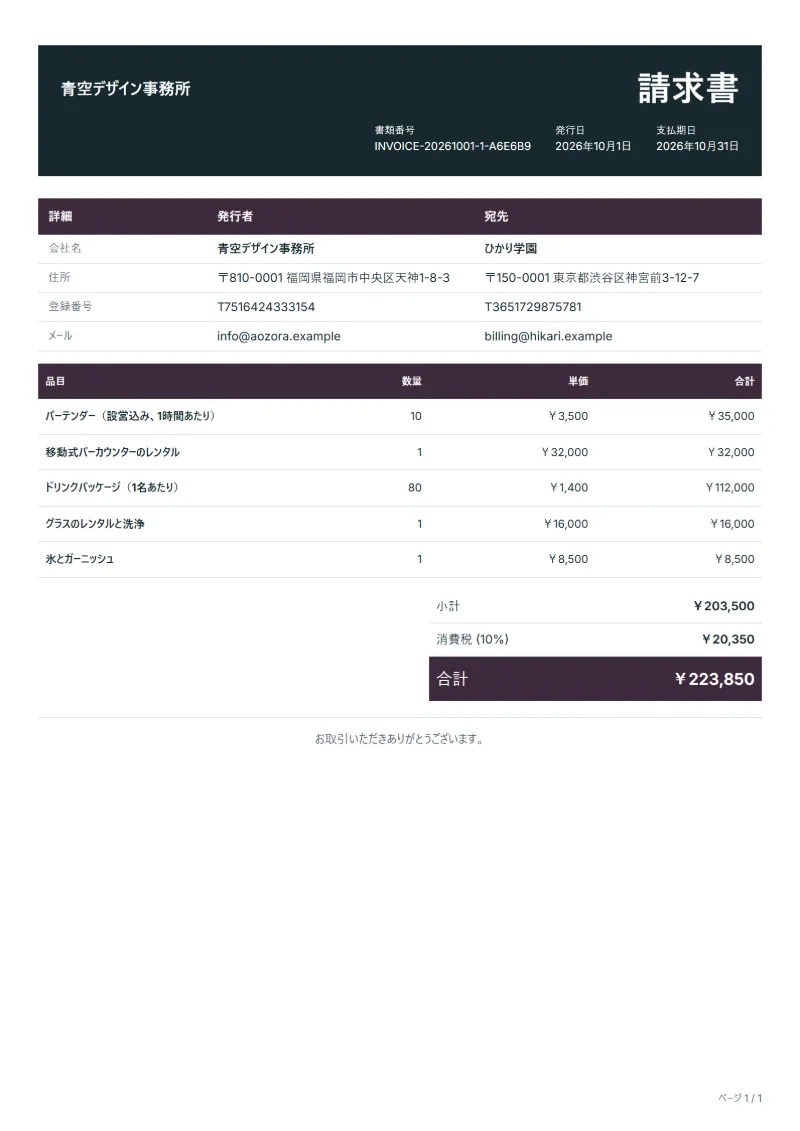 無料の出張バー・バーテンダーの請求書テンプレートの記入例：架空の会社名、品目、数量、単価、合計が入った1ページ目