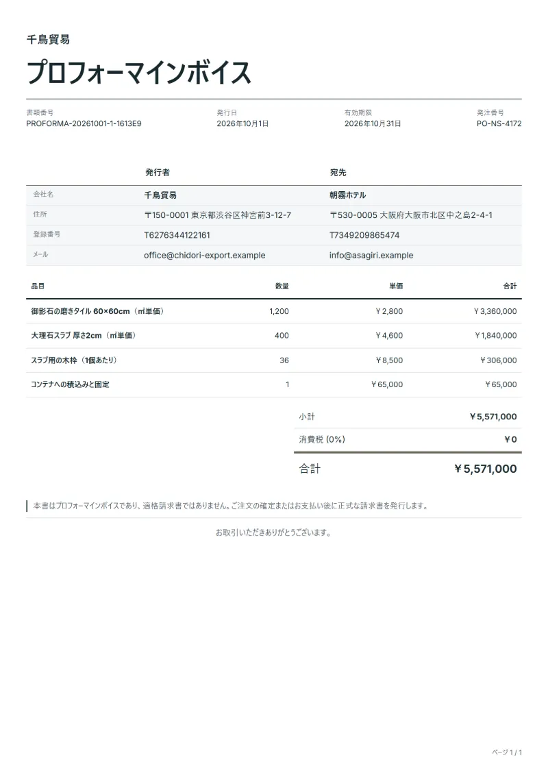 無料の天然石・タイル輸出用プロフォーマインボイステンプレートの記入例:架空の会社名、品目、数量、単価、合計が入った1ページ目