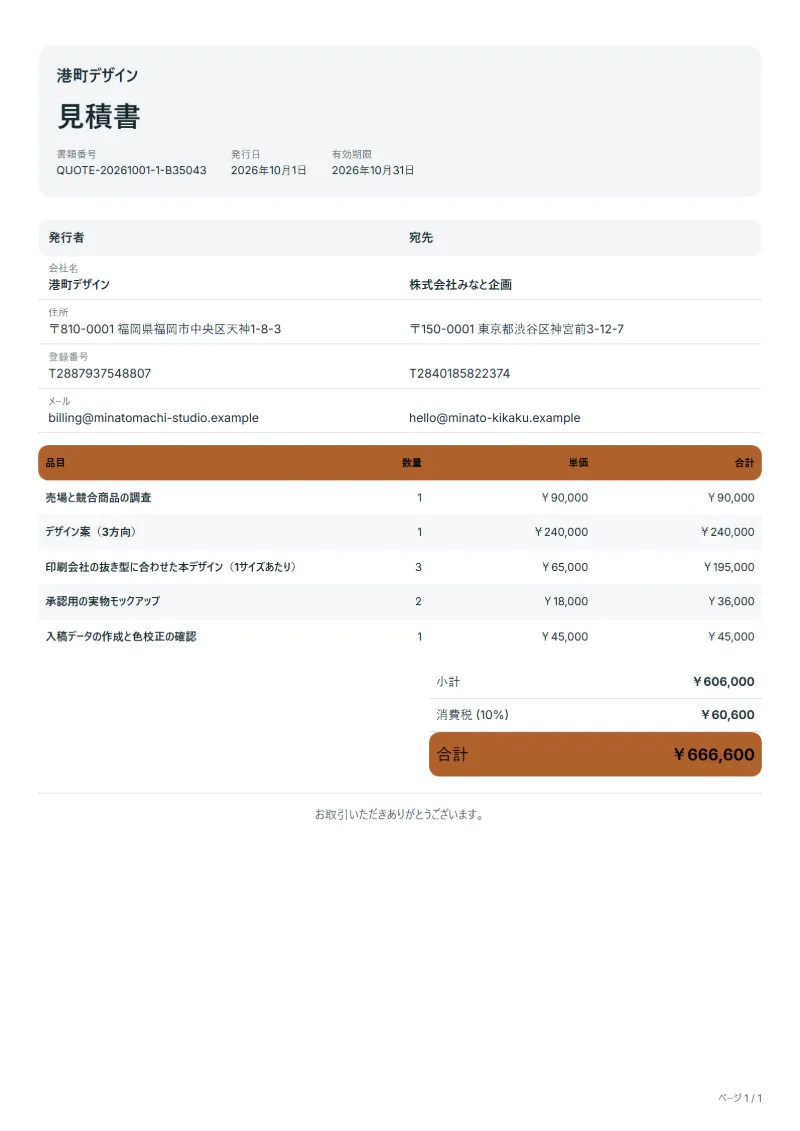 無料のパッケージデザインの見積書テンプレートの記入例：架空の会社名、品目、数量、単価、合計が入った1ページ目