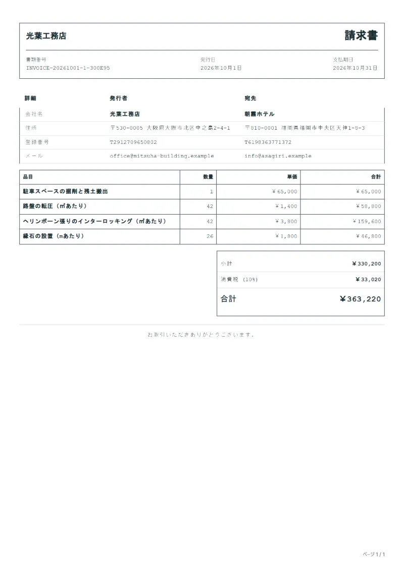無料の舗装工事の請求書テンプレートの記入例：架空の会社名、品目、数量、単価、合計が入った1ページ目