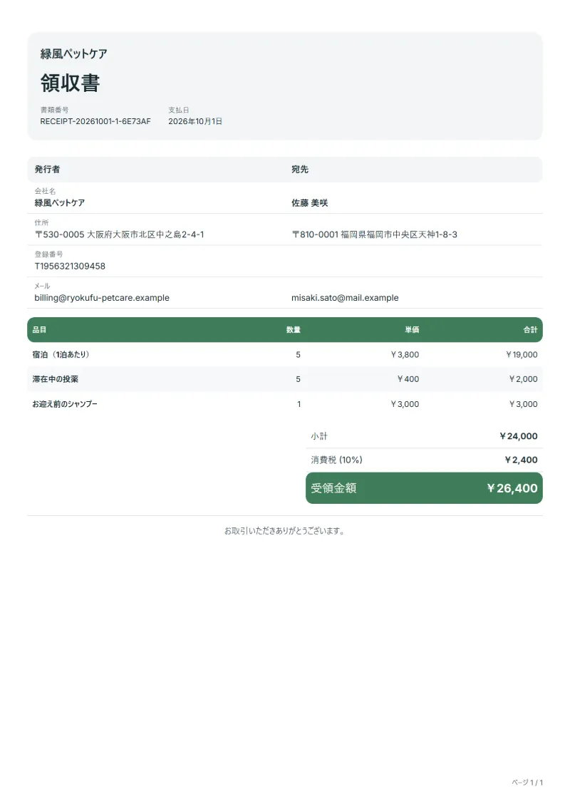 無料のペットホテルの領収書テンプレートの記入例:架空の会社名、品目、数量、単価、合計が入った1ページ目