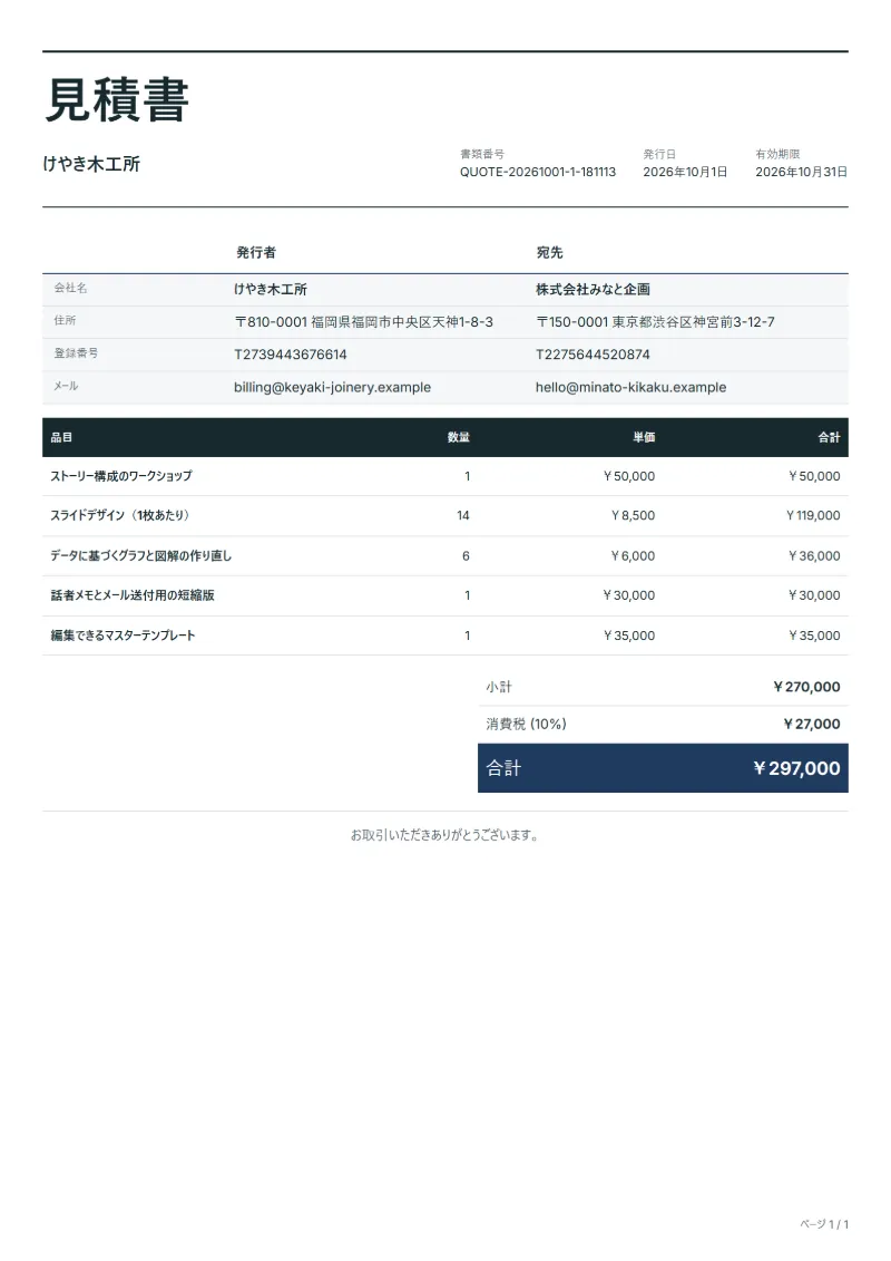 無料のピッチ資料デザインの見積書テンプレートの記入例：架空の会社名、品目、数量、単価、合計が入った1ページ目