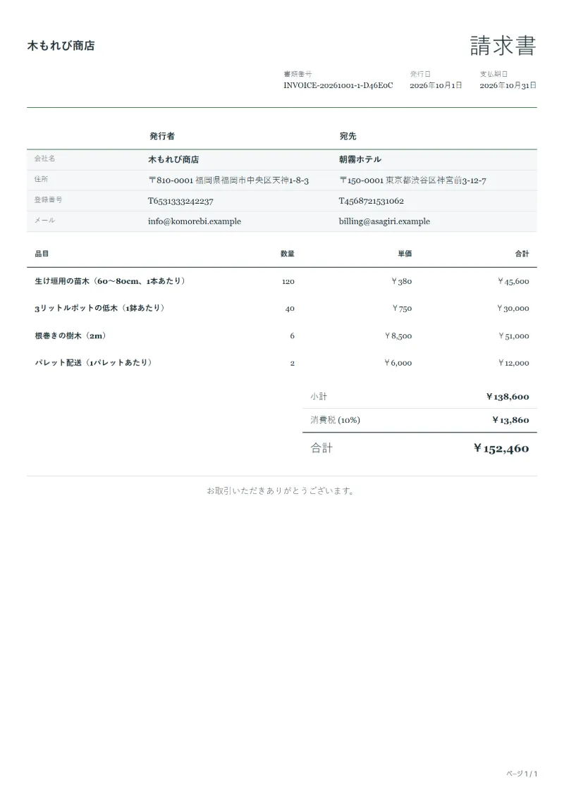 無料の苗木・園芸生産者の取引先向け請求書テンプレートの記入例:架空の会社名、品目、数量、単価、合計が入った1ページ目
