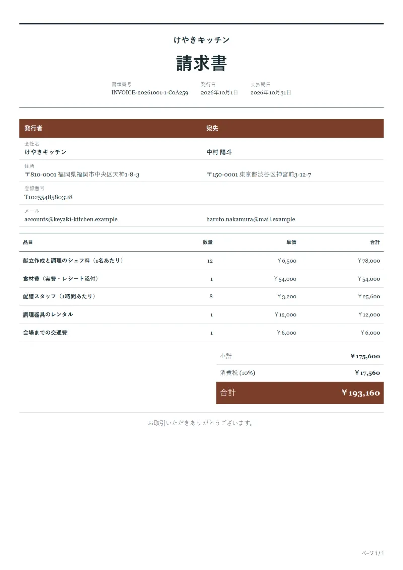 無料の出張シェフの請求書テンプレートの記入例：架空の会社名、品目、数量、単価、合計が入った1ページ目