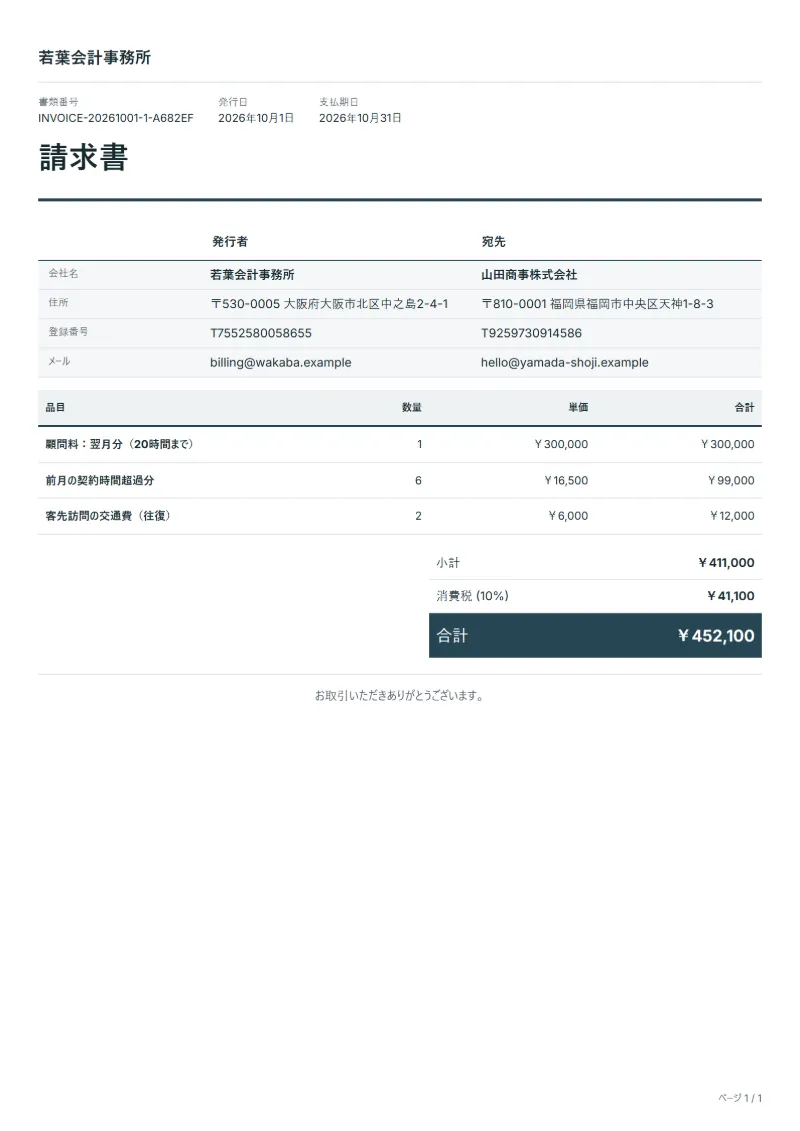 無料の顧問料請求書テンプレートの記入例:架空の会社名、品目、数量、単価、合計が入った1ページ目