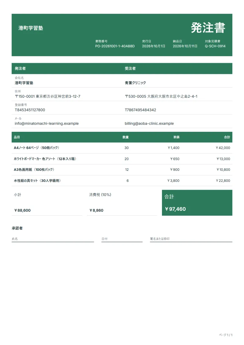 無料の学校の教室用品の発注書テンプレートの記入例:架空の会社名、品目、数量、単価、合計が入った1ページ目