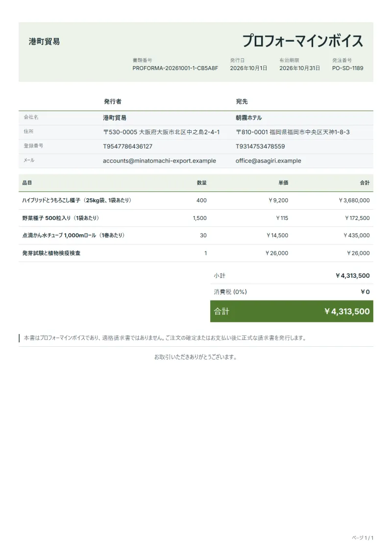 無料の種子・農業資材輸出用プロフォーマインボイステンプレートの記入例:架空の会社名、品目、数量、単価、合計が入った1ページ目
