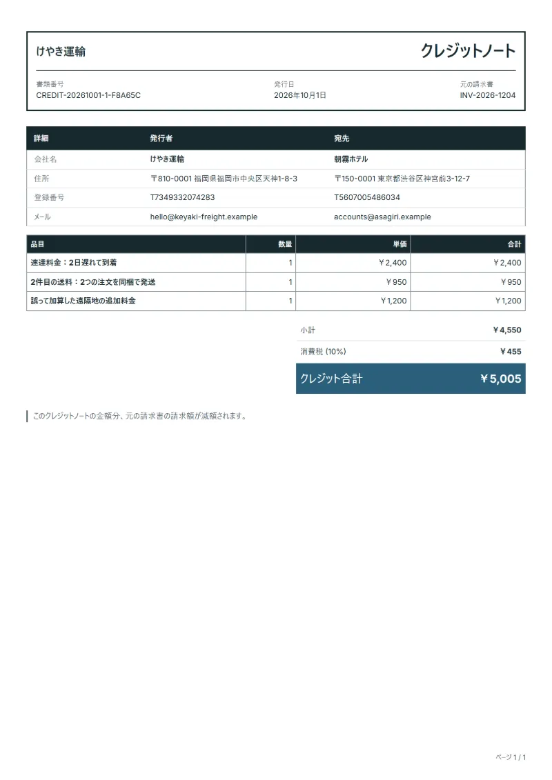 無料の送料返金のクレジットノートテンプレートの記入例:架空の会社名、品目、数量、単価、合計が入った1ページ目