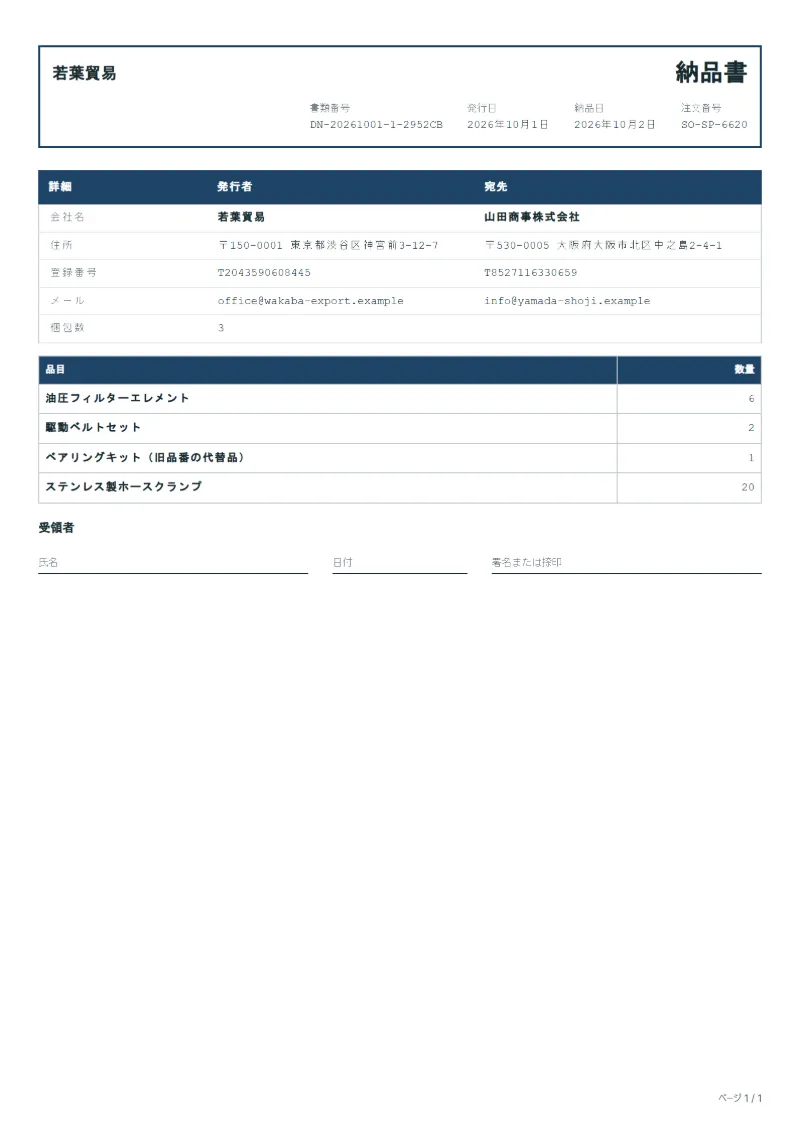 無料の補修部品の納品書テンプレートの記入例：架空の会社名、品目、数量、署名欄が入った1ページ目