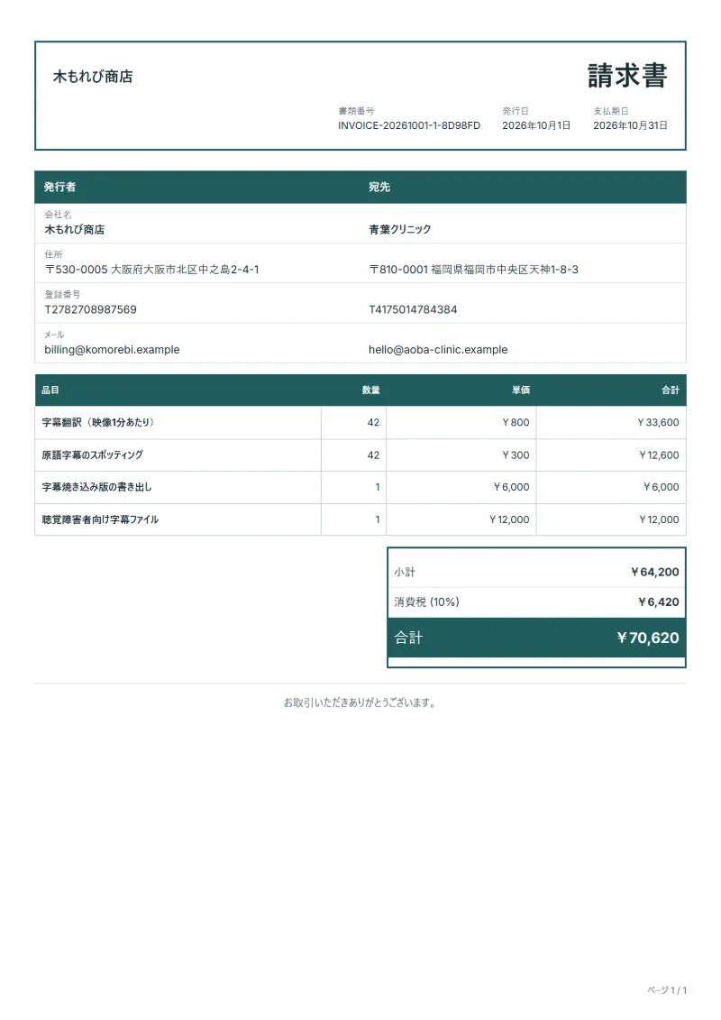 無料の字幕制作の請求書テンプレートの記入例：架空の会社名、品目、数量、単価、合計が入った1ページ目