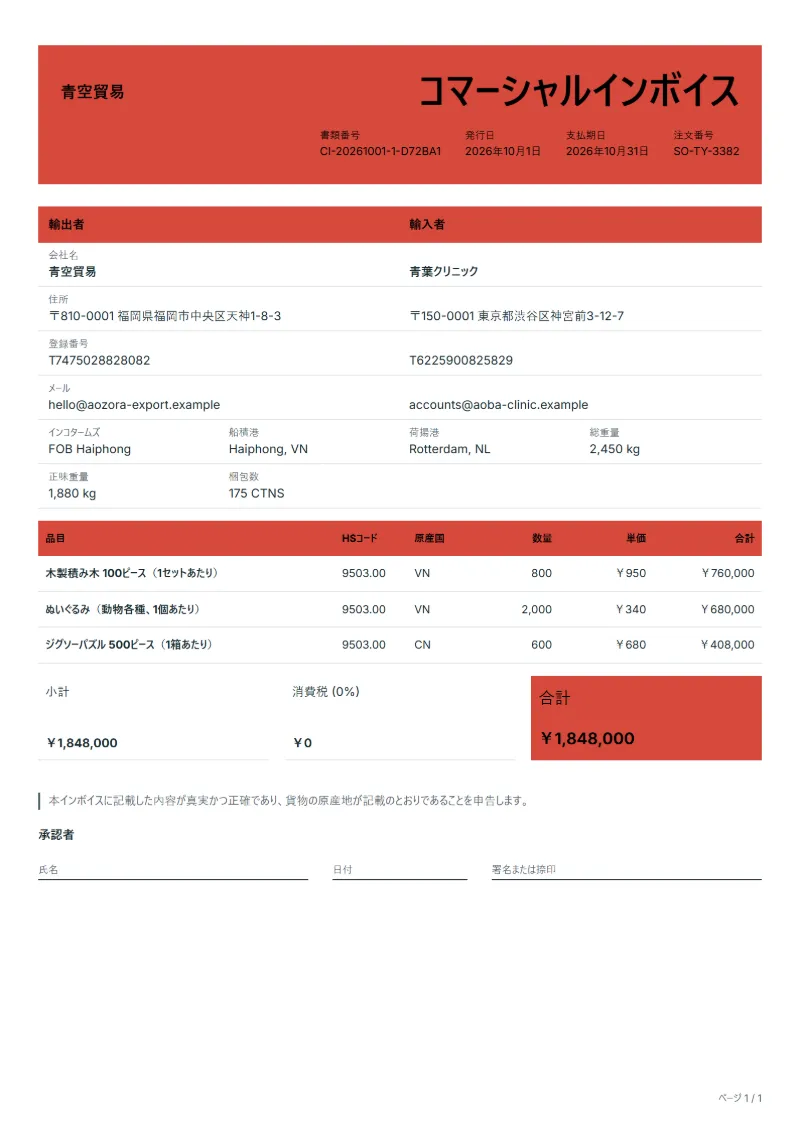 無料の玩具輸出用コマーシャルインボイステンプレートの記入例:架空の会社名、HSコードと原産国の欄、単価、合計が入った1ページ目