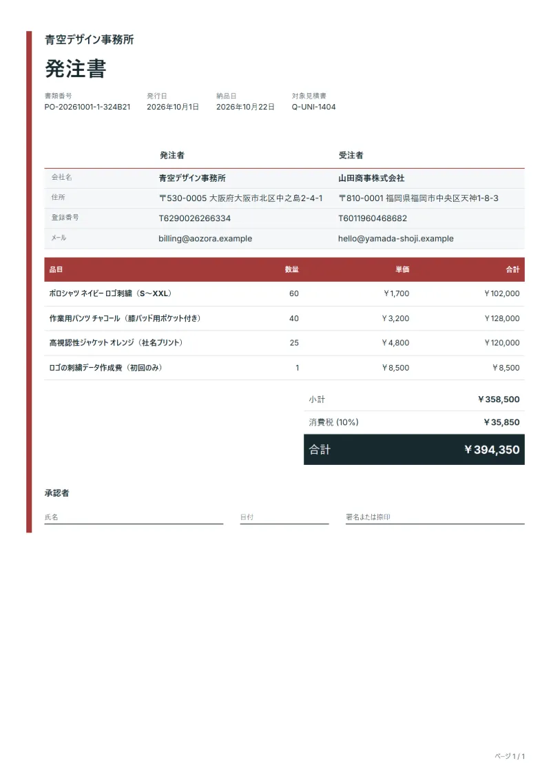 無料の制服・作業服の発注書テンプレートの記入例:架空の会社名、品目、数量、単価、合計が入った1ページ目