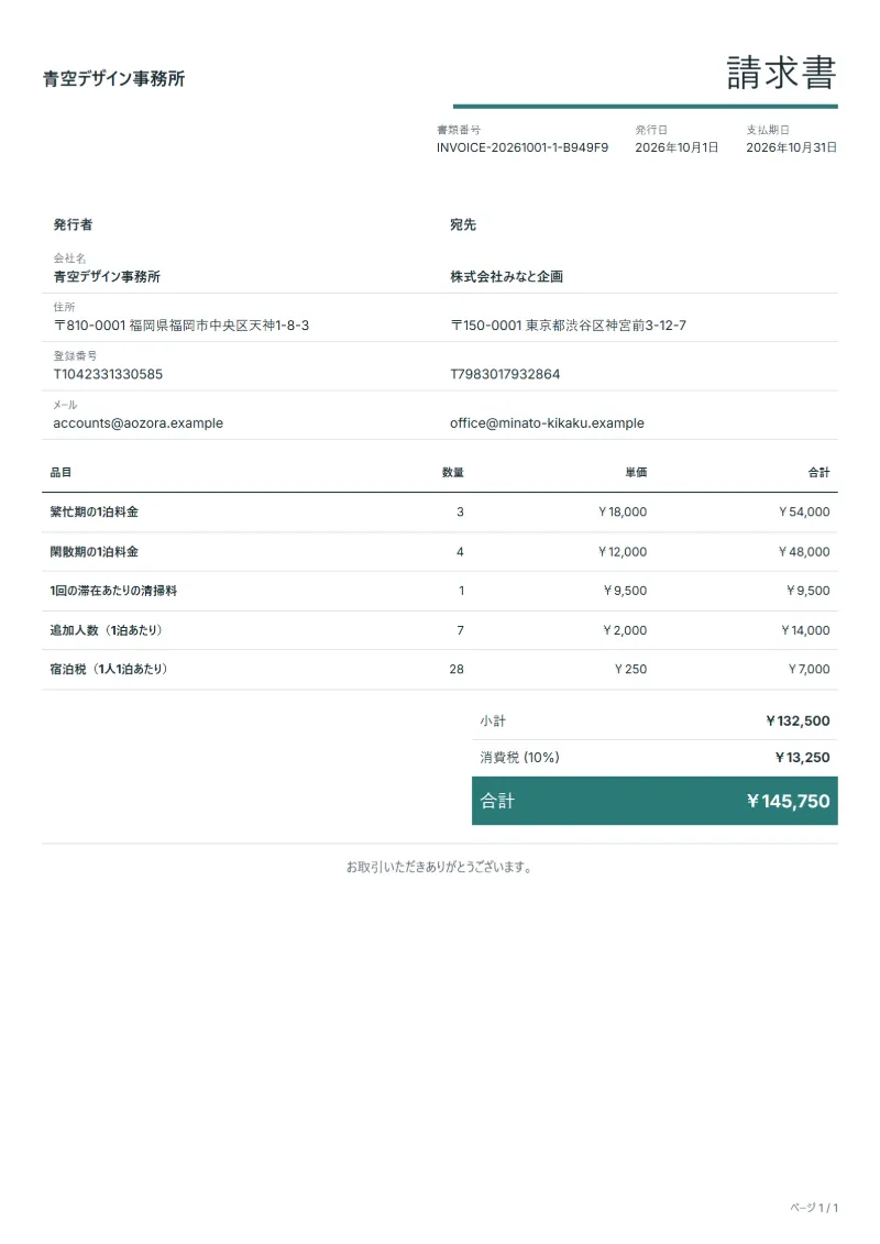 無料の貸別荘・民泊の請求書テンプレートの記入例：架空の会社名、品目、数量、単価、合計が入った1ページ目