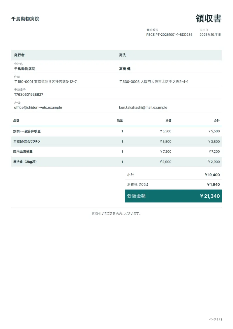 無料の動物病院の領収書テンプレートの記入例：架空の会社名、品目、数量、単価、合計が入った1ページ目