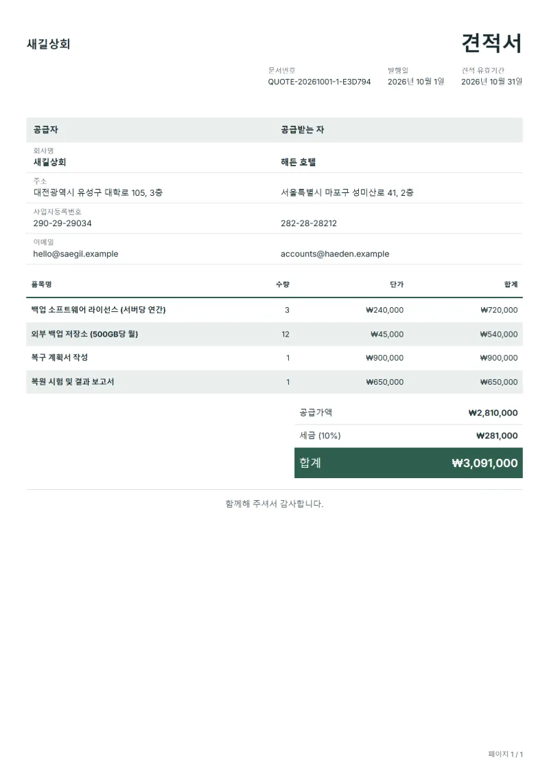 무료 백업·재해 복구 견적서 양식 작성 예시: 가상의 회사명, 품목, 수량, 단가, 합계까지 보이는 첫 페이지