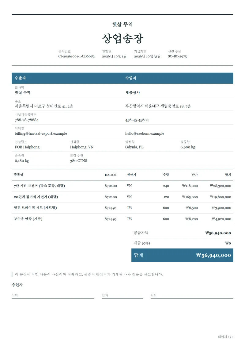 무료 자전거 수출 상업송장 양식 작성 예시: 가상의 회사명, HS 코드·원산지 칸, 단가, 합계까지 보이는 첫 페이지
