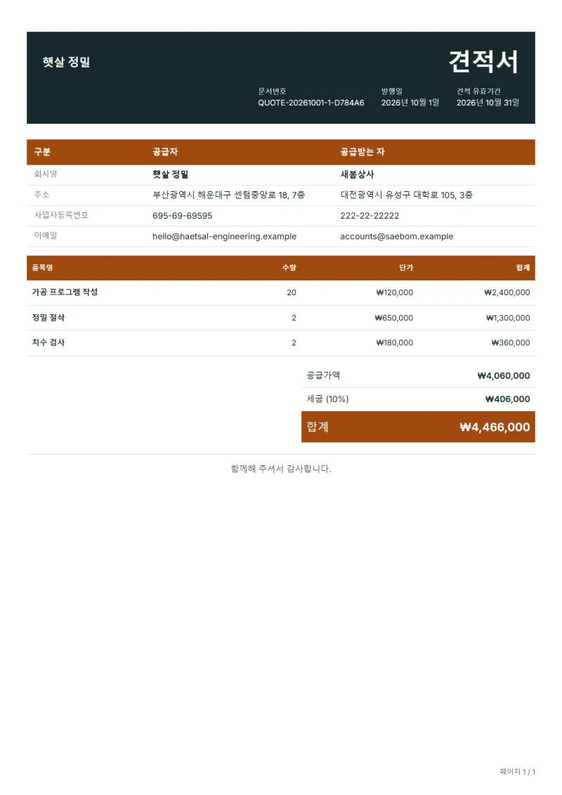 무료 정밀 가공 견적서 양식 작성 예시: 가상의 회사명, 품목, 수량, 단가, 합계까지 보이는 첫 페이지