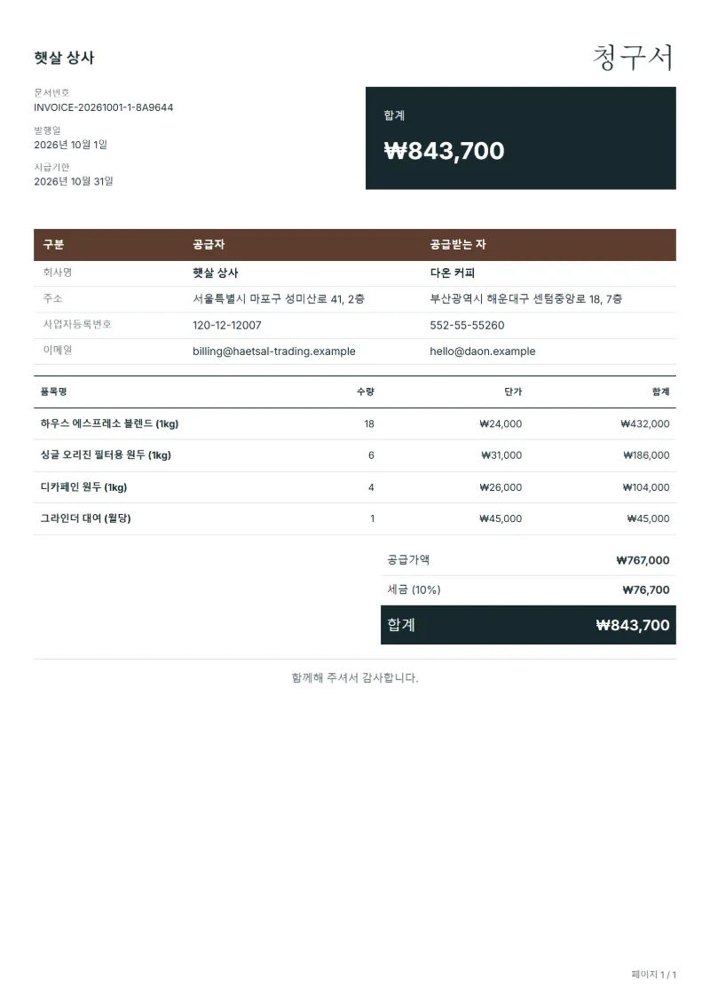 무료 원두 로스터리 도매 청구서 양식 작성 예시: 가상의 회사명, 품목, 수량, 단가, 합계까지 보이는 첫 페이지