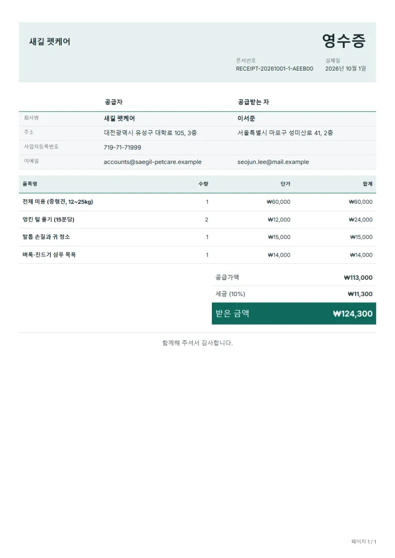 무료 강아지 미용 영수증 양식 작성 예시: 가상의 회사명, 품목, 수량, 단가, 합계까지 보이는 첫 페이지