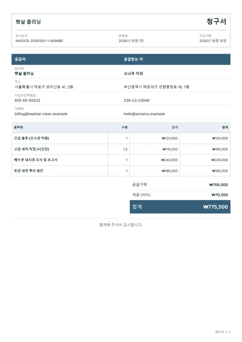 무료 배수관 청소 청구서 양식 작성 예시: 가상의 회사명, 품목, 수량, 단가, 합계까지 보이는 첫 페이지