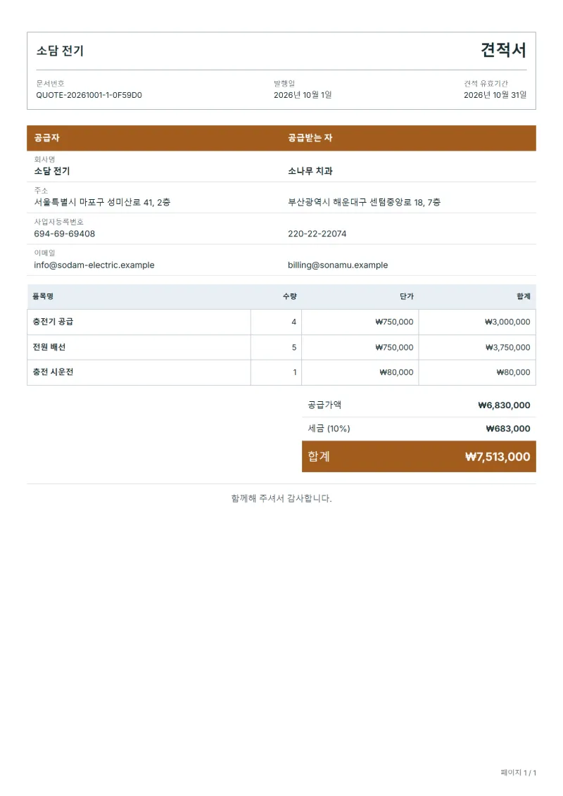 무료 전기차 충전기 견적서 양식 작성 예시: 가상의 회사명, 품목, 수량, 단가, 합계까지 보이는 첫 페이지