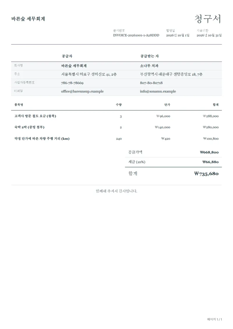 무료 경비 실비 청구서 양식 작성 예시: 가상의 회사명, 품목, 수량, 단가, 합계까지 보이는 첫 페이지