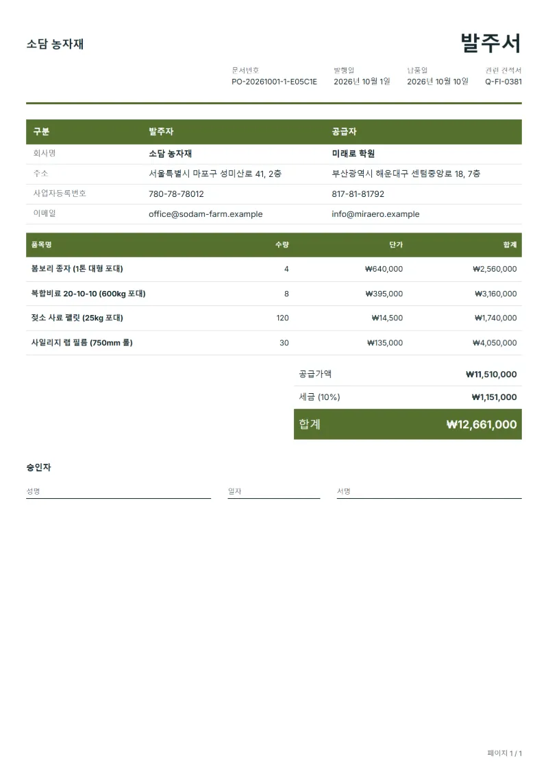 무료 농자재·사료 발주서 양식 작성 예시: 가상의 회사명, 품목, 수량, 단가, 합계까지 보이는 첫 페이지