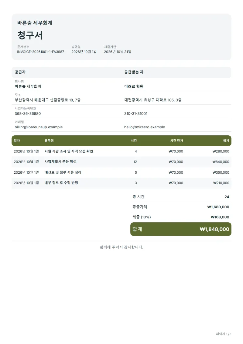 무료 지원사업 신청서 작성 청구서 양식 작성 예시: 가상의 회사명, 작업일, 작업 시간, 시간당 단가, 합계까지 보이는 첫 페이지