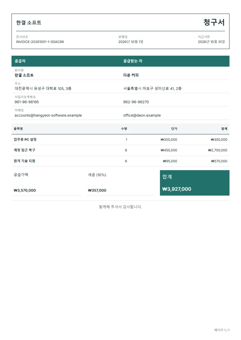 무료 전산 지원 청구서 양식 작성 예시: 가상의 회사명, 품목, 수량, 단가, 합계까지 보이는 첫 페이지